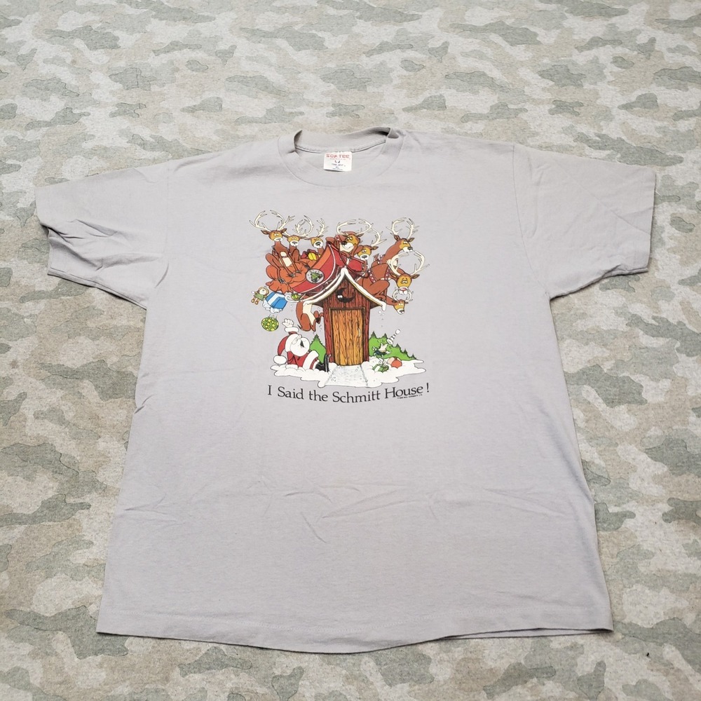 Vintage Christmas Softee‎ Shirt Mens XL Gray Single Stitch Short Sleeve